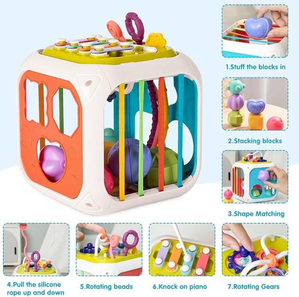 🧩 Montessori 7 in 1 Baby Sensory Toy – Multicolor Educational Activity Cube